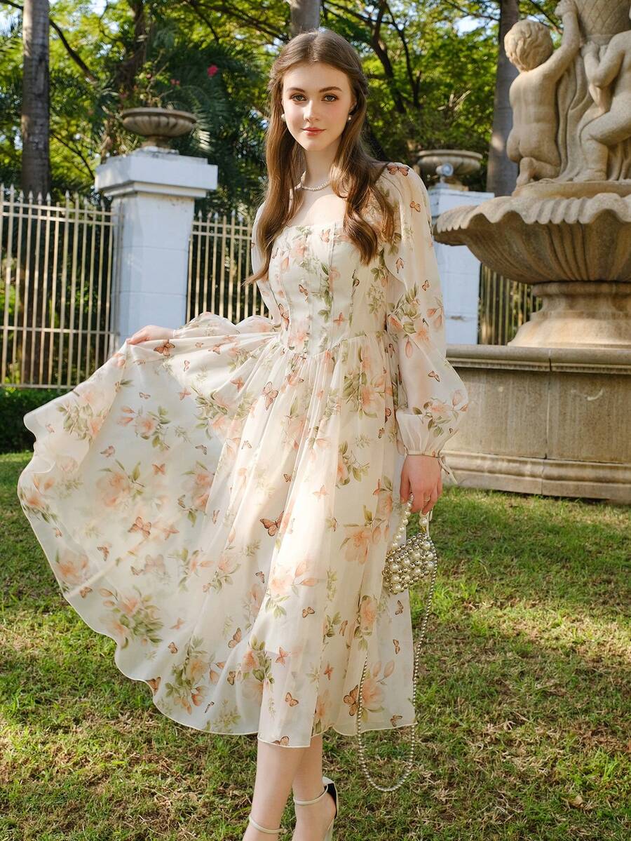 Women's Flower & Butterfly Print Casual Dress, Minimalist & Fashionable Everyday Wear