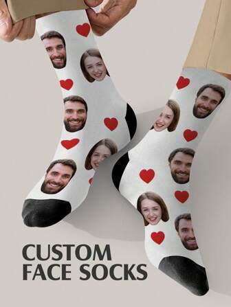 1 Pair Customized Face Socks, Personalized Photo Printed Socks, Customizable Novelty Socks, Ideal For Anniversary, Valentine's Day, Birthday, Wedding, Mother's Day, Father's Day, Gifts For Friends, Family, Couples, Autumn