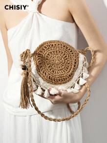 CHISIY Handmade Crossbody Straw Bag, Beige Casual Round Fringe Woven Crossbody Bag, Vintage Bohemian Style, Suitable For Spring/Summer, Designers, Vegans, Teenagers, Travelers, Holidays, Graduation, Valentine's Day