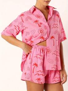 Women's 2 Piece Lounge Set Short Sleeve Lapel Button Up Tops Sun Tropical Tree Print Shorts Sleepwear Sets
