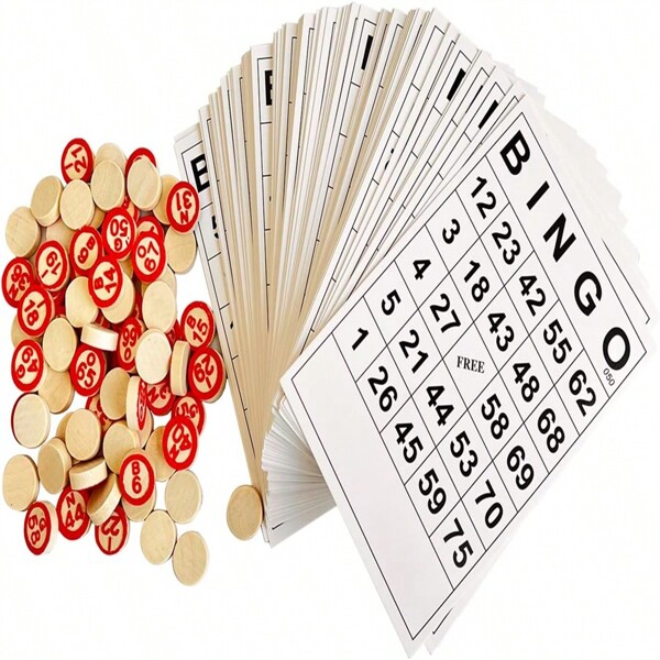 Vintage Wooden Bingo Game Set-120 Bingo Number Cards And 75 Chess