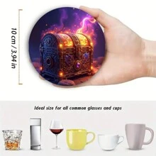 4pcs Artistic Wooden Non-Slip Coasters, Round Mysterious Jewelry Box & Lamp Designed, Suitable For Office Desk, Tea Table, Home Decoration, Thanksgiving Gift