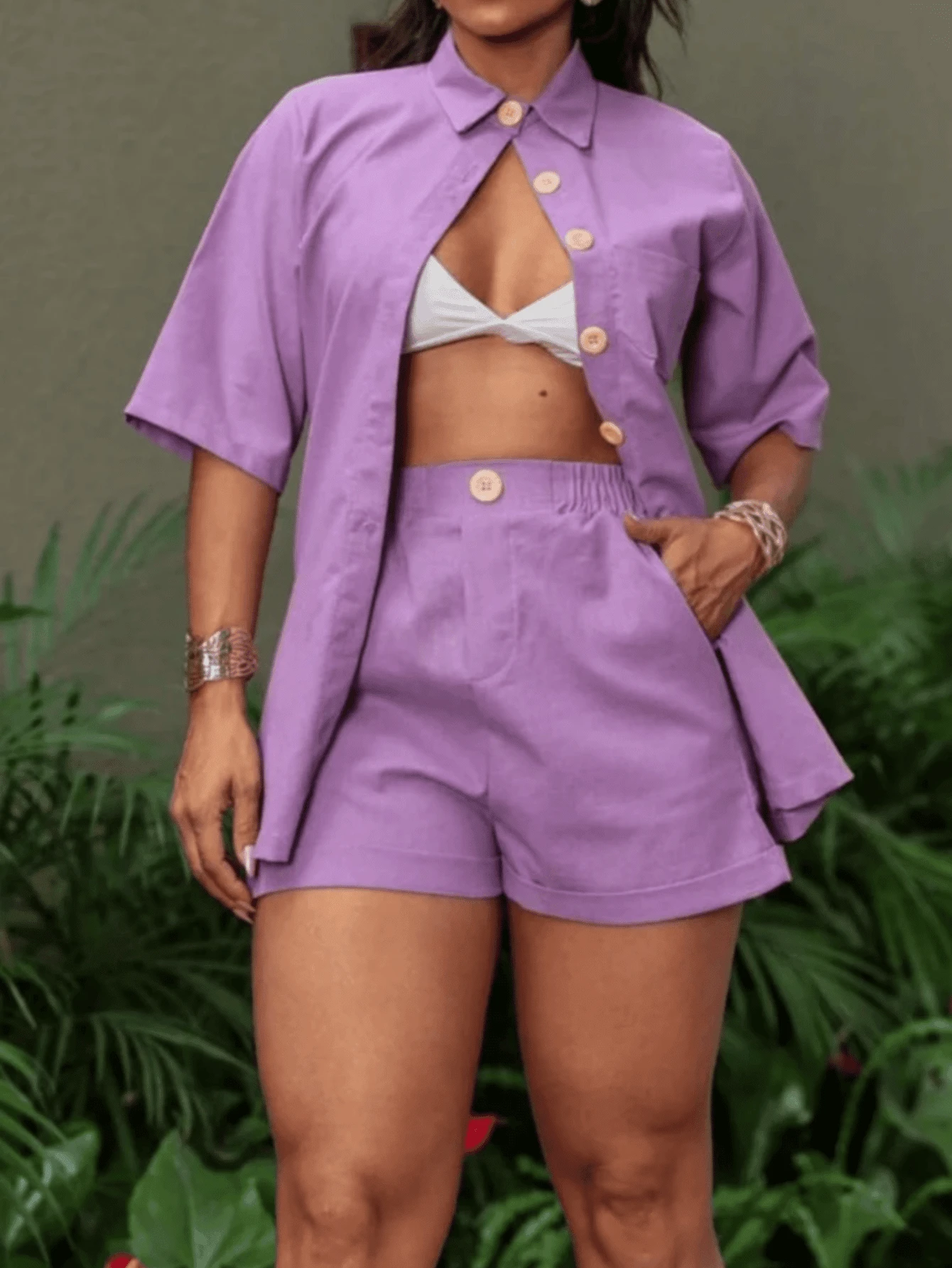Linen Shorts And 3/5 Sleeve Shirt Set - Lilac Purple - View 1