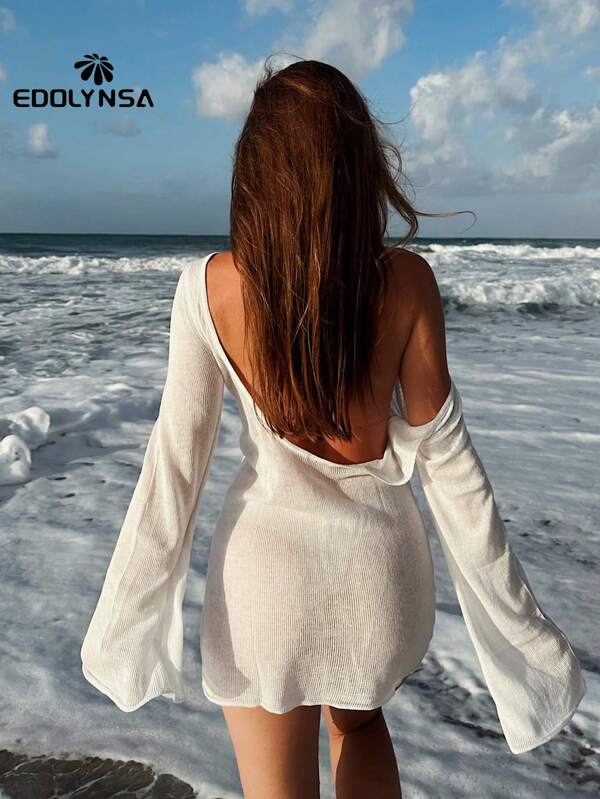 Sexy rückenfreies Glockenärmel Sommer Strandkleid für Frauen, uni gestrickt, kurzes Sommerkleid 2025, durchsichtiges kurzes Strandkleid als Bademode Cover-Up