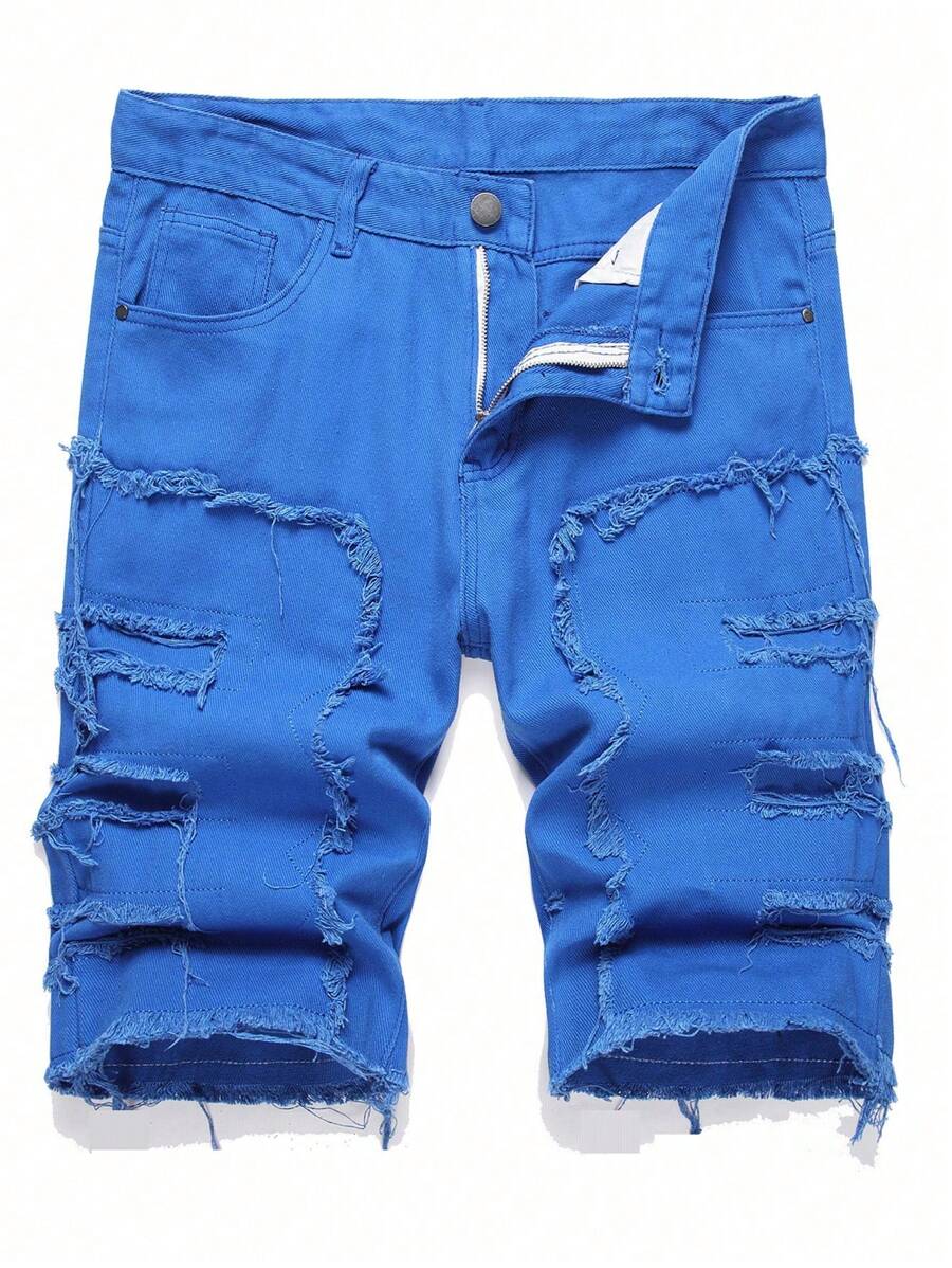 Teenage Boy Creative Fringe Denim Shorts - Blue - View 1