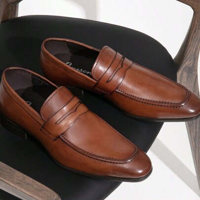 SHOESMORE Men's Leather Dress Black Shoes Slip-On Formal Dress Loafers Premium Penny Brown Loafers For Men