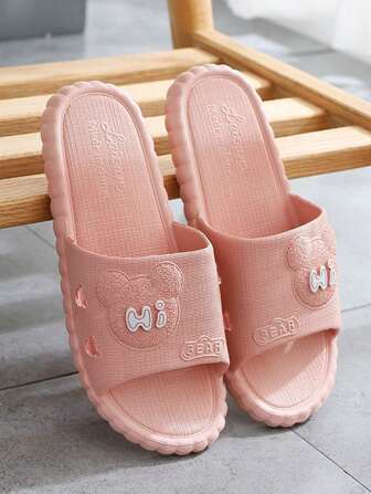 女士可爱熊图案一脚蹬家居拖鞋，防滑，适合室内/室外穿着，休闲