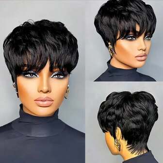 Pixie Cut Wigs Human Hair Short Wigs For Women,Human Hair Pixie Wig With Bangs Short Black Wig,Layered Wigs Full Machine Made, Natural Black None Lace Wigs,Daily Wear