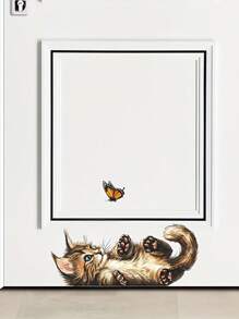 1pc Home Decorations Creative Wall Sticker, Cartoon Cat Butterfly Pattern Self-Adhesive Wall Stickers, Bedroom Entryway Living Room Porch Home Decoration Wall Stickers, Removable Stickers, Wall Decor Decals