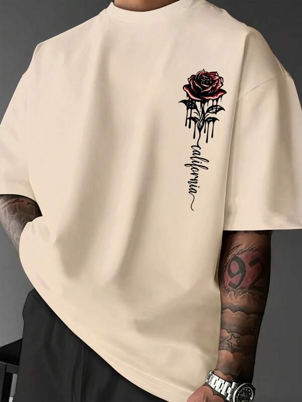 Men's Round Neck Short Sleeve Figure Printed Minimalist T-Shirt, Casual Everyday Wear