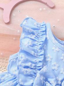 2pcs Set, Casual, Elegant, Sweet, Cute, Toddler Girls' Dress, Baby Girl Clothes, Soft & Comfortable, Floral Jacquard Bow Decor Ruffle Trim Solid Color Sleeveless Princess Dress Outfit, Suitable For Daily Wear, Vacation, Party, Photography