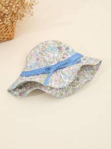 Spring/Summer Fashion New Girl's Sun Hat, Toddler Breathable Ditsy Floral Bow Decor Sun Protection Bucket Hat