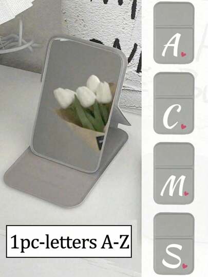 爱白字母高级低调灰色可折叠便携化妆镜，字母A-Z带支架化妆镜，旅行镜，美容产品，台式化妆镜，矩形台式小镜子可折叠小型简约化妆镜，旅行便携化妆镜适合女性的礼物-送给母亲和老师的最佳礼物。