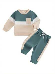 Toddler Boy Girl Fall Clothes Contrast Color Long Sleeve Sweatshirt Tops And Pants Set 2Pcs Cute Outfits - Blue - View 1