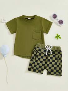 Baby Boy Summer 2 Pcs Outfits Solid Color Short Sleeve T-Shirt Checkered Shorts Set - Green - View 1