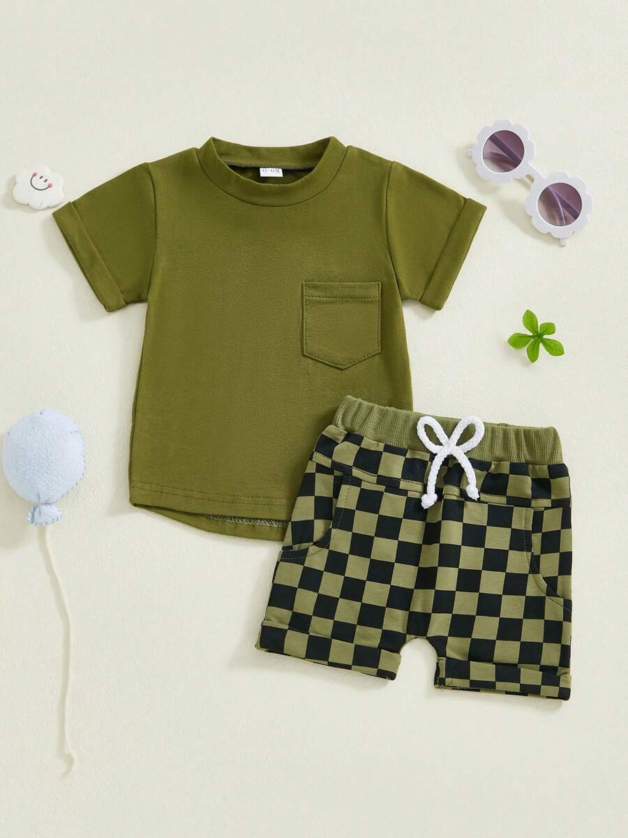 Baby Boy Summer 2 Pcs Outfits Solid Color Short Sleeve T-Shirt Checkered Shorts Set - Green - View 1