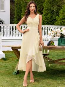 MIUSOL 深V领撞色蕾丝亮片拼接荷叶边高低摆雪纺正式派对长裙、婚礼宾客礼服、舞会礼服 - 黃色 - 查看 5