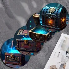 4pcs Artistic Wooden Non-Slip Coasters, Round Mysterious Jewelry Box & Lamp Designed, Suitable For Office Desk, Tea Table, Home Decoration, Thanksgiving Gift
