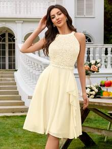 MIUSOL Vestido largo de gasa con escote halter, espalda descubierta, volantes y encaje floral, vestido formal para invitada de boda - Amarillo - Ver 6