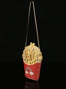 1 pieza Cartera con forma de papa frita brillante, Elegante bolso de mano para fiesta nocturna, Lujoso bolso de mujer con cristales, Bolso de novia, Soporte para lápiz de labios y perfume de moda, Bolso de mano extravagante y brillante con incrustación de cristales, Todo hecho a mano en metal y diamante, Adecuado para amigas de la nobleza que asisten a fiestas, galas, bodas, reuniones y banquetes