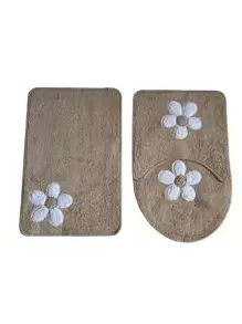 Cotton Bath Mat Set Kit With 3 Pieces Low Pile Applique Various Colors - Beige - View 1