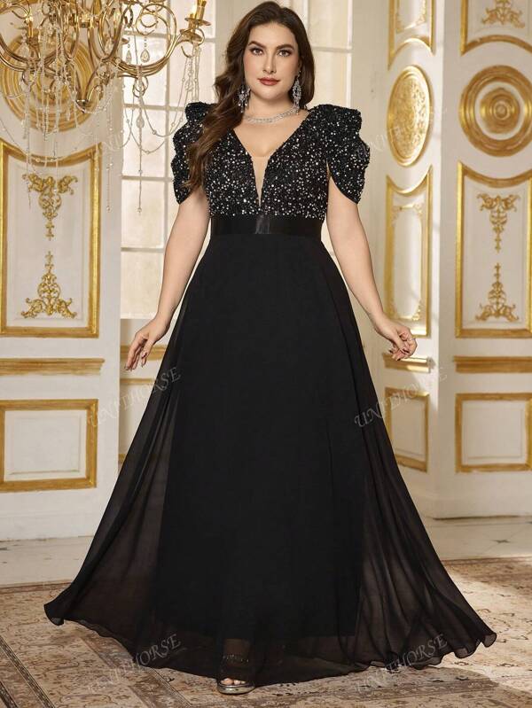 Plus Size Women Deep V-Neck Puff Sleeve Flared Hem Tied Waist Sequin Panel Elegant High-End Formal Dress, Party Dress, Wedding Guest Dress, Prom Dress, Bride Dress, Birthday Outfits, Graduation Dress