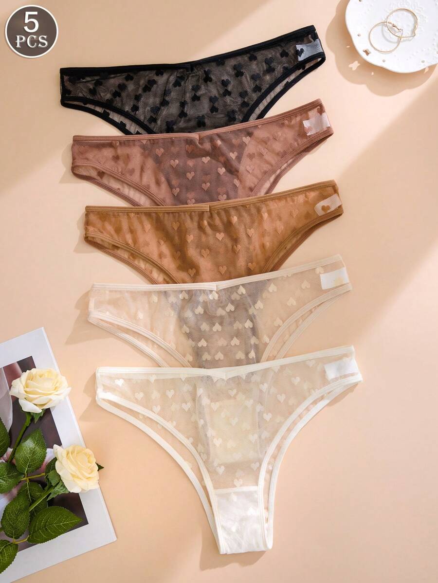 5pcs/Pack Women's Sexy Lace Heart Jacquard Mesh Breathable Comfort Triangle Panties - Multicolor - View 1