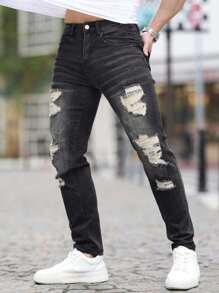 2024 男士弹力洗水破洞牛仔裤，修身舒适直筒休闲裤