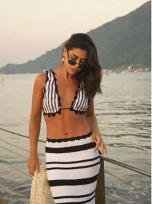 STRIPED ELASTANE KNITTING SET TOP+SKIRT SUMMER 2025 - Black - View 1