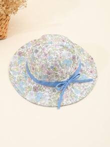 Spring/Summer Fashion New Girl's Sun Hat, Toddler Breathable Ditsy Floral Bow Decor Sun Protection Bucket Hat