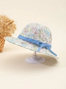 Spring/Summer Fashion New Girl's Sun Hat, Toddler Breathable Ditsy Floral Bow Decor Sun Protection Bucket Hat