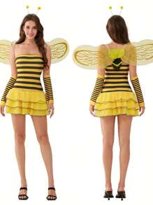 Women Halloween Outfit, Sleeveless Striped/Dots Print Ladybug/Bee Cosplay Dress Hair Hoop Wings