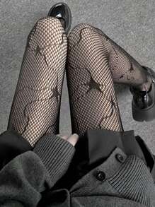 1 pieza Medias/pantimedias negras de mujer con patrón de pentágrama de encaje , sexy