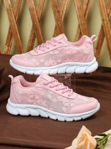 Zapatillas de running para damas con rosa y malla con estrellas, transpirables y suaves. Calzado ligero con amortiguación, suela cómoda y flexible, adecuado para vacaciones, actividades al aire libre, como regalo de pareja o para el Día de San Valentín