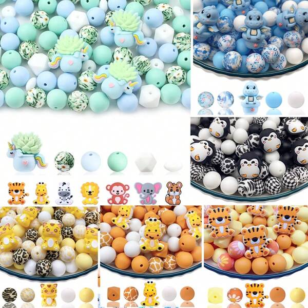 Set di 30 perle in silicone - Disegni carini di dinosauri, piante e fiori per creazione di gioielli fai-da-te, portachiavi, braccialetti e penne artigianali