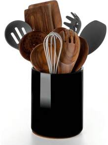 Utensil Holder, 6.4" Ceramic Kitchen Utensil Holder With Countertop-Protection Cork Bottom, Farmhouse Kitchen Decor For Counter (Black)