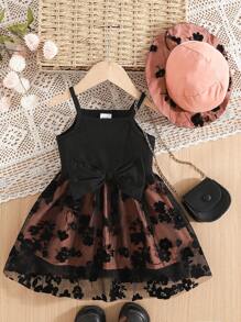 2pcs Baby Girl Ribbed Fabric Floral Embroidered Mesh Strap Dress And Hat Set - Black - View 1