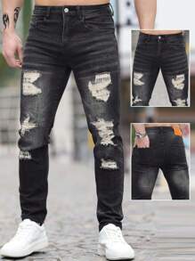 2024 男士弹力洗水破洞牛仔裤，修身舒适直筒休闲裤