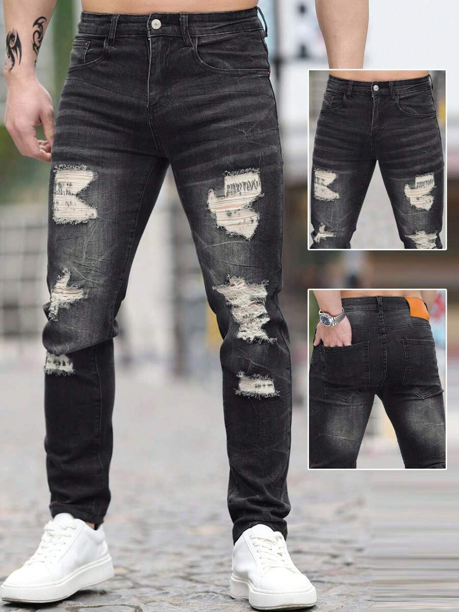 2024 男士弹力洗水破洞牛仔裤，修身舒适直筒休闲裤