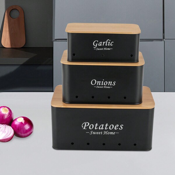 Eatssode 3er Set Aufbewahrungsbox mit Deckel aus Bambus Hält Gemüse Länger Frisch mit Lüftungslöchern Belüftung Beschattung Frischeerhaltung Küche Aufbewahrung für Kartoffeln Zwiebeln & Knoblauch