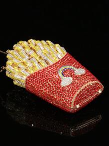 1 pieza Cartera con forma de papa frita brillante, Elegante bolso de mano para fiesta nocturna, Lujoso bolso de mujer con cristales, Bolso de novia, Soporte para lápiz de labios y perfume de moda, Bolso de mano extravagante y brillante con incrustación de cristales, Todo hecho a mano en metal y diamante, Adecuado para amigas de la nobleza que asisten a fiestas, galas, bodas, reuniones y banquetes