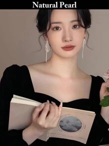 1 对时尚长珍珠吊式耳环，天然珍珠，白色，适合女性日常佩戴、节日礼物、情人节礼盒 - 米色 - 查看 7