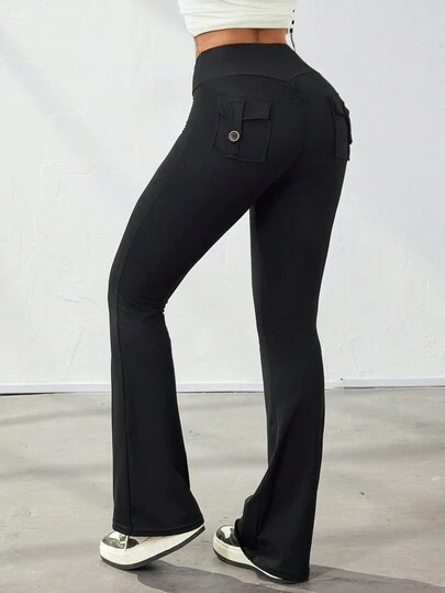 Y2K Wide Waistband High Stretch Pocket Scrunch Butt Booty Workout Lifting Athletic Gym Flare Leg Leggings Cargo Pants