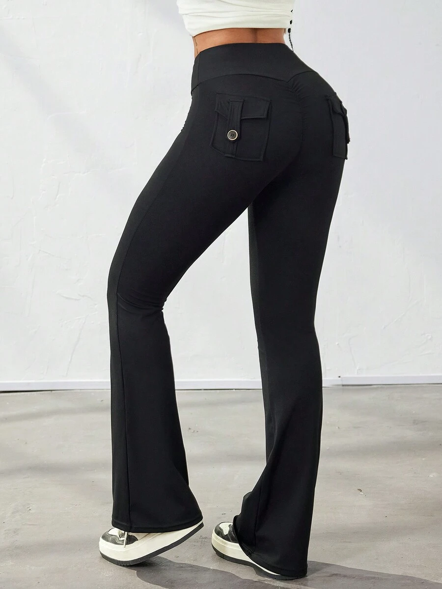 Y2K Wide Waistband High Stretch Pocket Scrunch Butt Booty Workout Lifting Athletic Gym Flare Leg Leggings Cargo Pants - Black - View 1