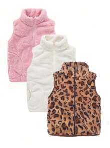 3pcs/Set Young Girl Cute Sports Casual Sweet Lady Comfortable Versatile Fuzzy Turtleneck Warm Wind Breaker Vest Outerwear Set, Spring Autumn Winter - Multicolor - View 1