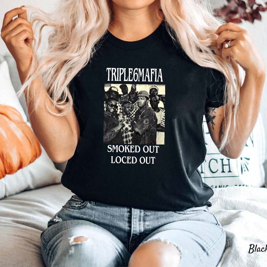 100% Cotton Tripple Six Mafia Smooked Out Locked Out T-Shirt, Three 6 Mafia Holiday Gift Tee Unisex Fashion Casual Comfortable Streetwear Versatile Breathable Summer Stretched Print Round Neck Short Sleeve Stylish Homme Soft For Women Designer Clothes Top For Everyday Wear Graphic Slightly - Black - View 1