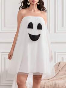 Women's Halloween Cosplay Ghost Costume, Ghost Halloween Party Cosplay Strapless Babydoll Dress Costume - White - View 3