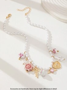 1pc Ceramic Flower Tea Cup & Bow Heart Pendant Necklace For Women, Faux Pearl Beaded Charm Necklace, Charm Jewelry, Lucky Charm Necklace (Handmade Ceramic With Random Color & Pattern)