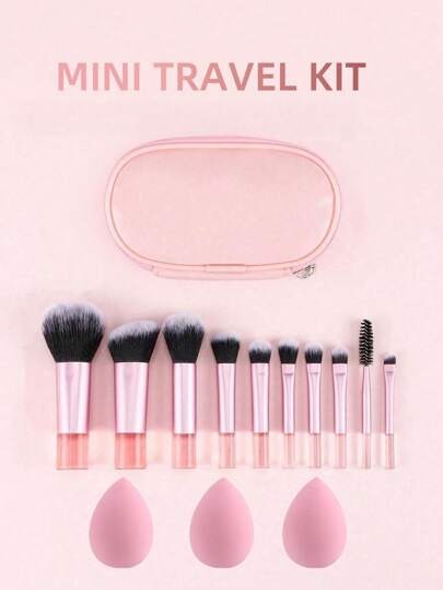 10pcs Mini Pink Makeup Brush Set + 1pc Mini Zipper Pouch + 3pcs Beauty Sponge, Powder Brush, Contour Brush, Blush Brush, Eyeshadow Brush, Highlighter Brush, Brow Brush - Convenient Travel Makeup Tools