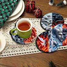 4pcs Artistic Wooden Non-Slip Coasters, Round Mysterious Jewelry Box & Lamp Designed, Suitable For Office Desk, Tea Table, Home Decoration, Thanksgiving Gift